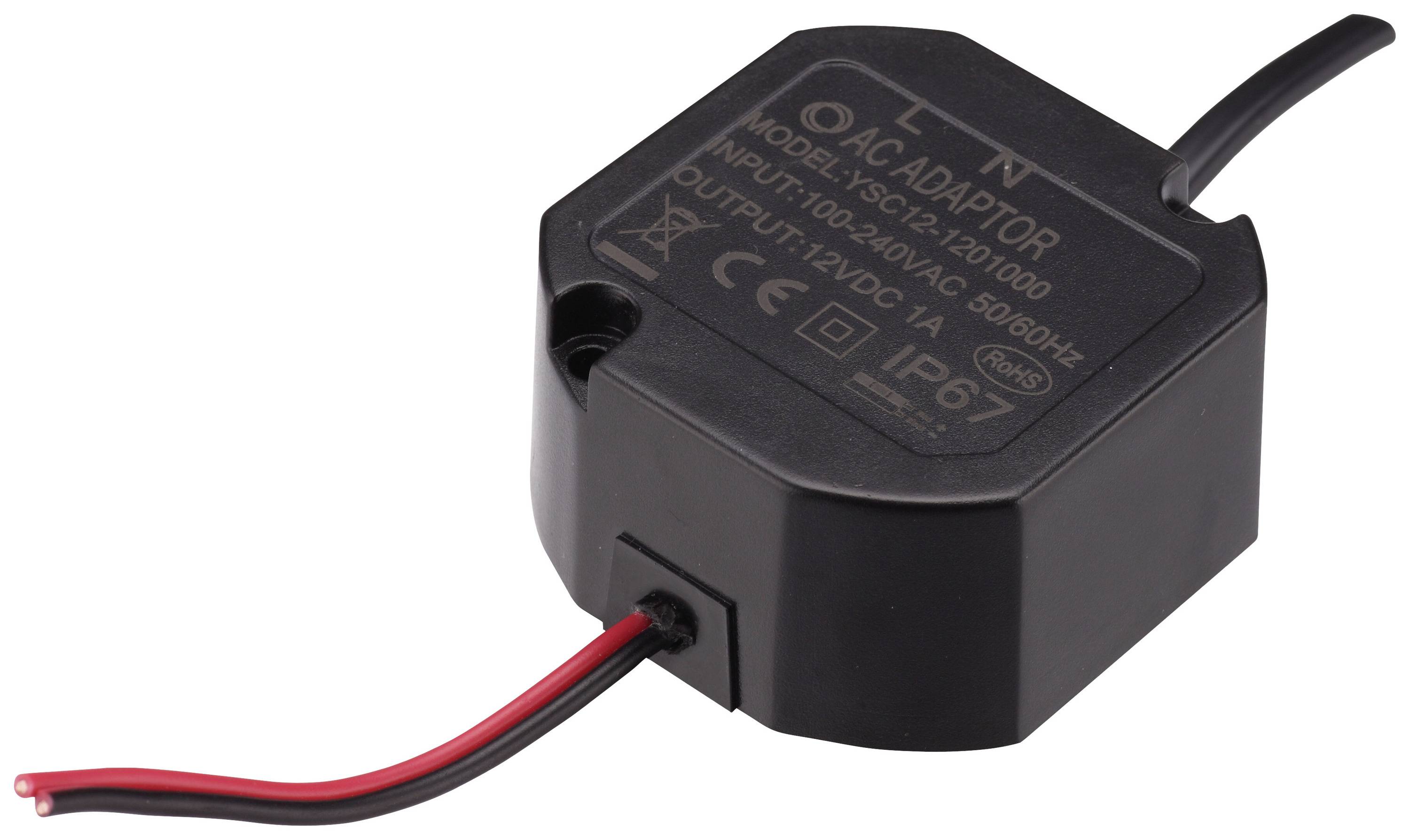 Een zwart AC-adaptermodel 'SC-24V1200100A' met CE-markering. Uitgang: 12V DC, 1A, IP61, geschikt voor 100-240V AC, 50/60Hz.