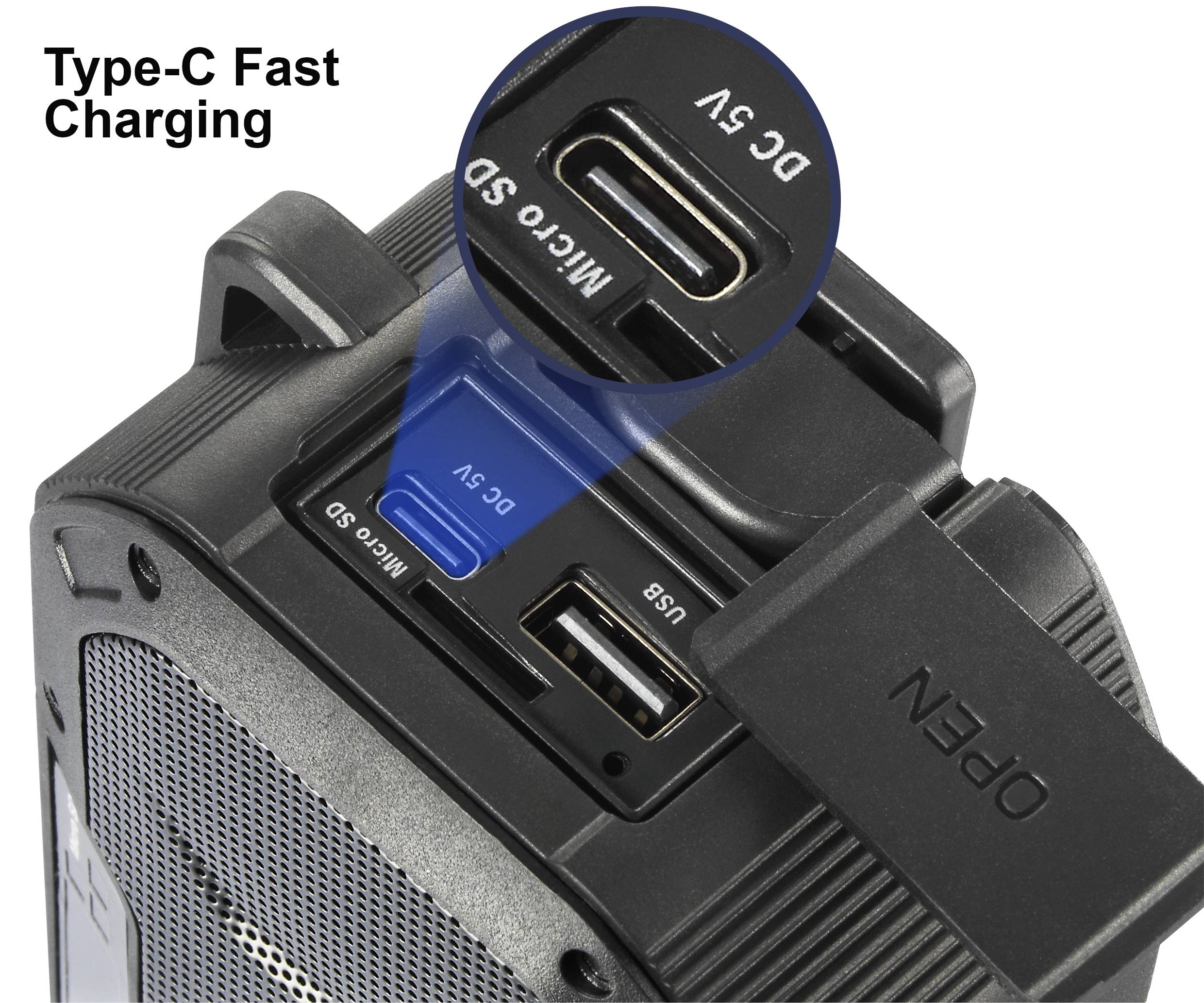 'Apparaat met Type-C-snellaadingang, Micro-SD-sleuf en USB-aansluiting.'