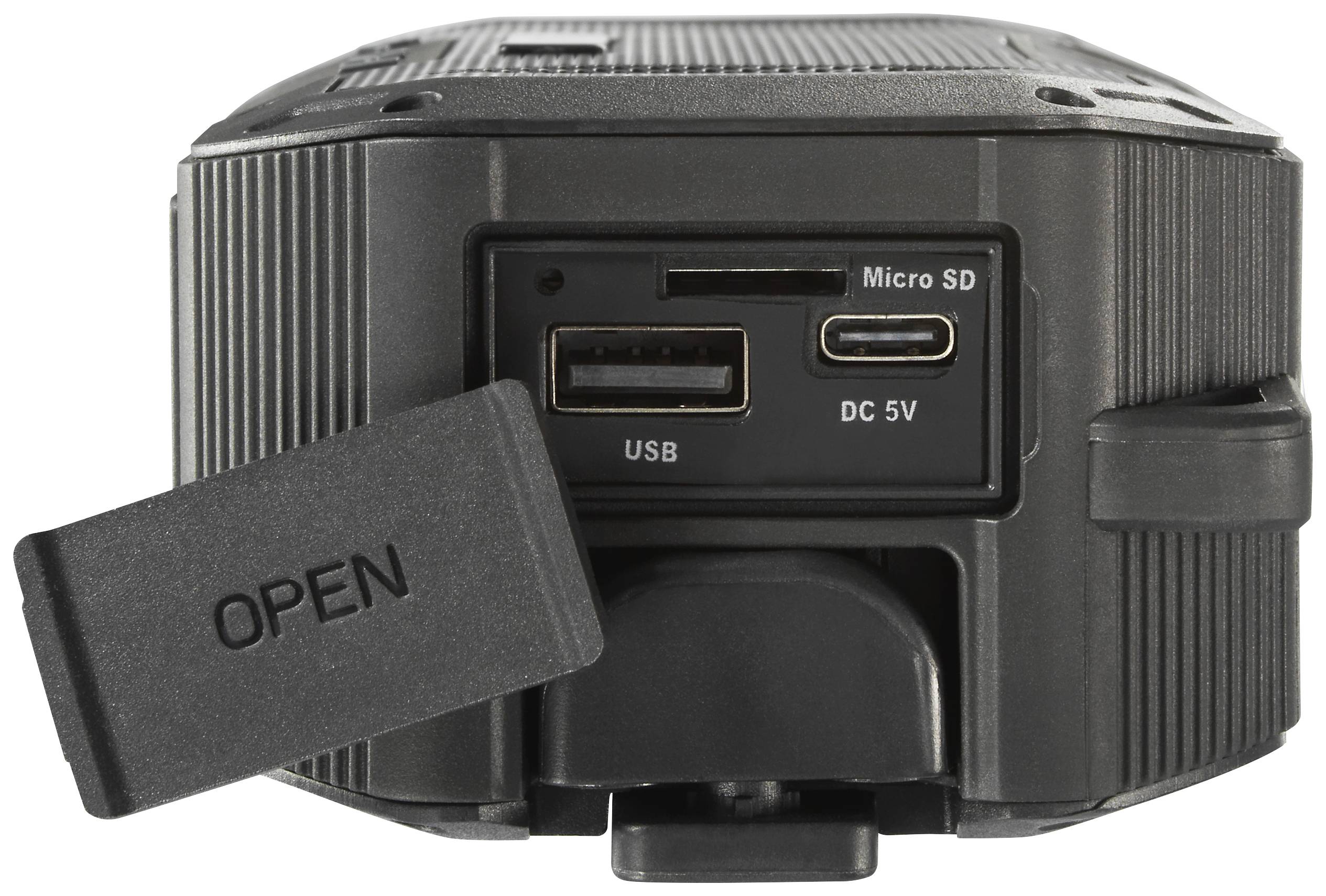 Achteraanzicht van een camera met open aansluitcompartiment. Zichtbare aansluitingen: USB, Micro SD en DC 5V. Deksel met opschrift 'OPEN'.