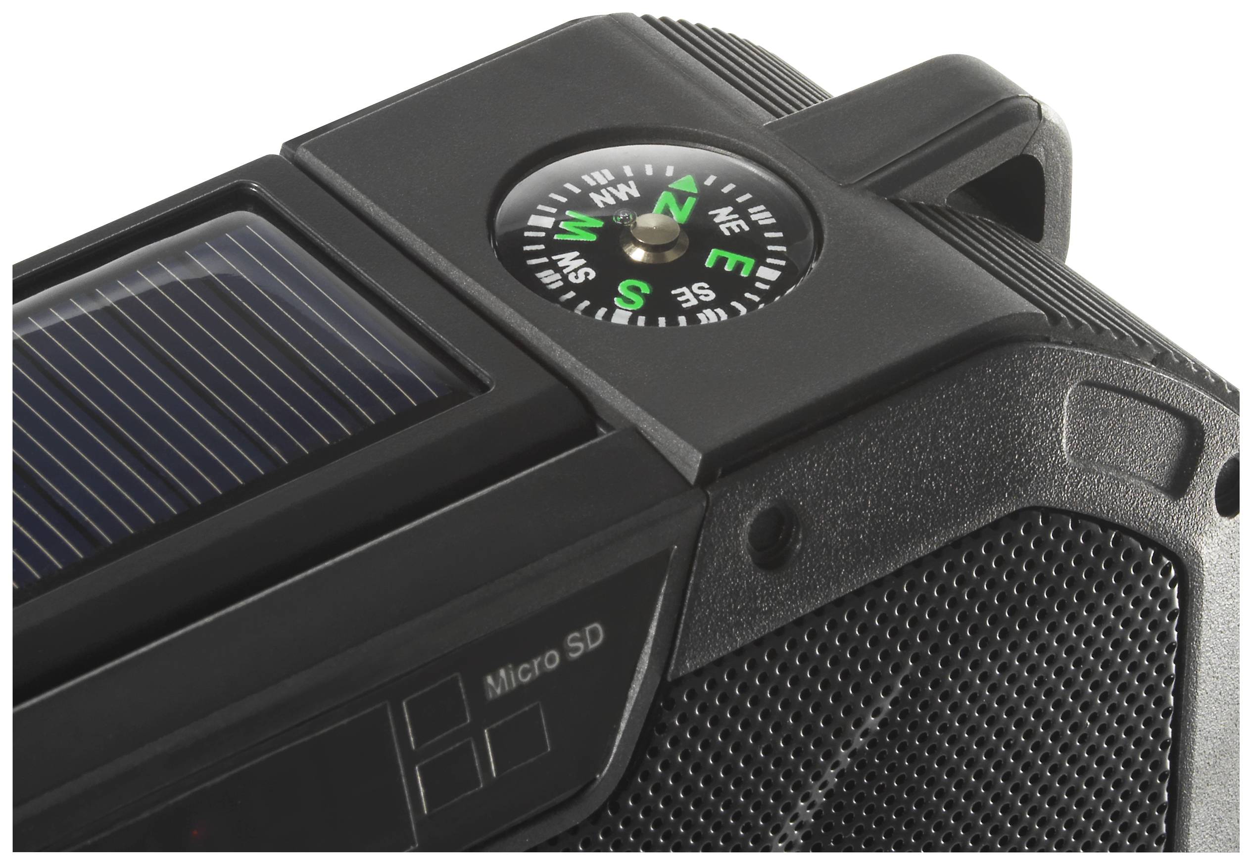 Draagbaar apparaat met zonnepaneel, kompas en micro-SD-sleuf, zijaanzicht. Ideaal voor buitenactiviteiten.