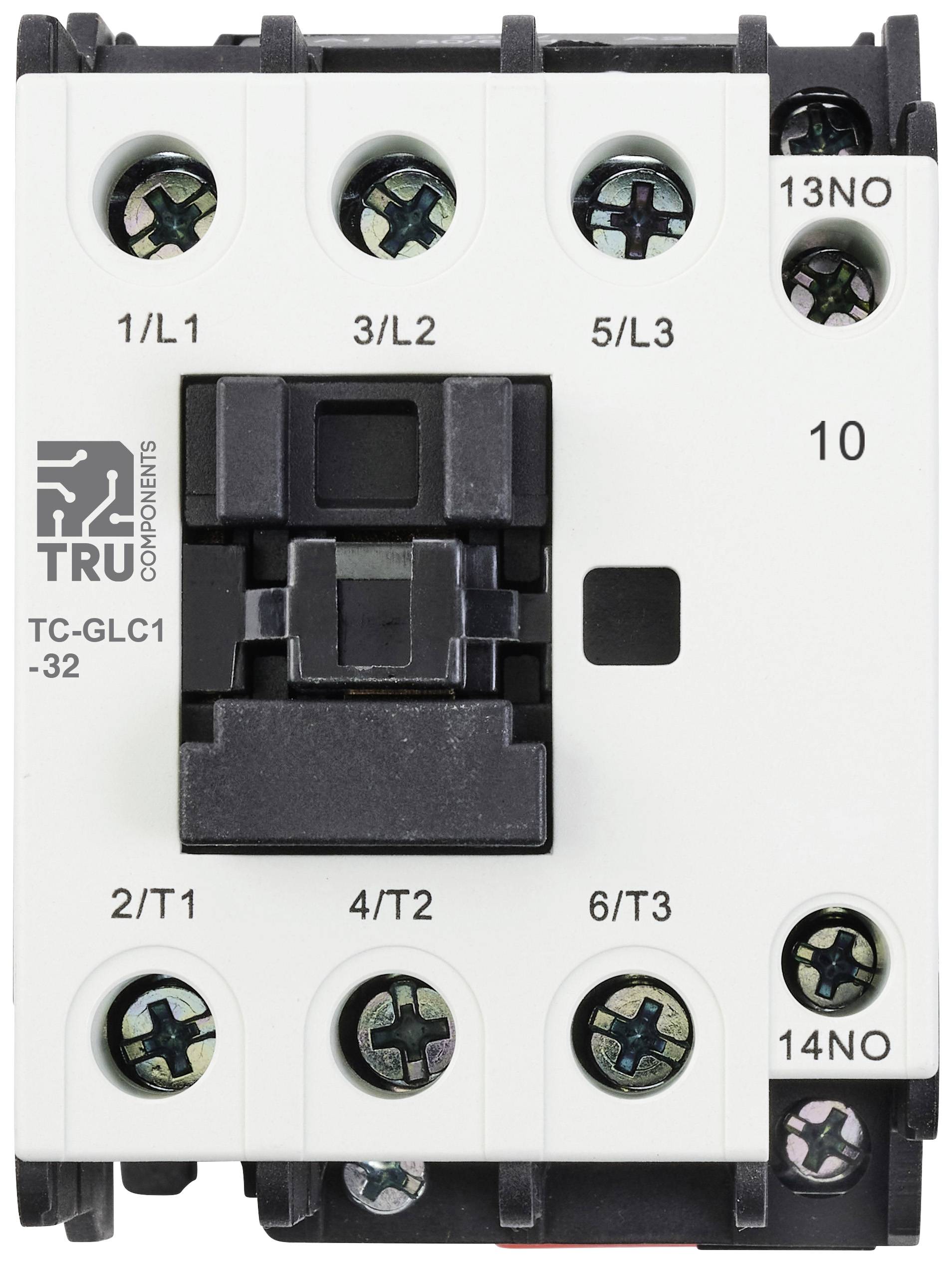 Een elektrische contactgever met zes schroefaansluitingen en aanduidingen zoals '1/L1', '3/L2', '5/L3' op de bovenste rij en '2/T1', '4/T2', '6/T3' onderaan.