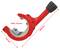 Rood buizensnijgereedschap met zwarte handgreep. Markeringen tonen afmetingen: 28,0-67,0 mm diameter en 110,0-253,0 mm lengte.