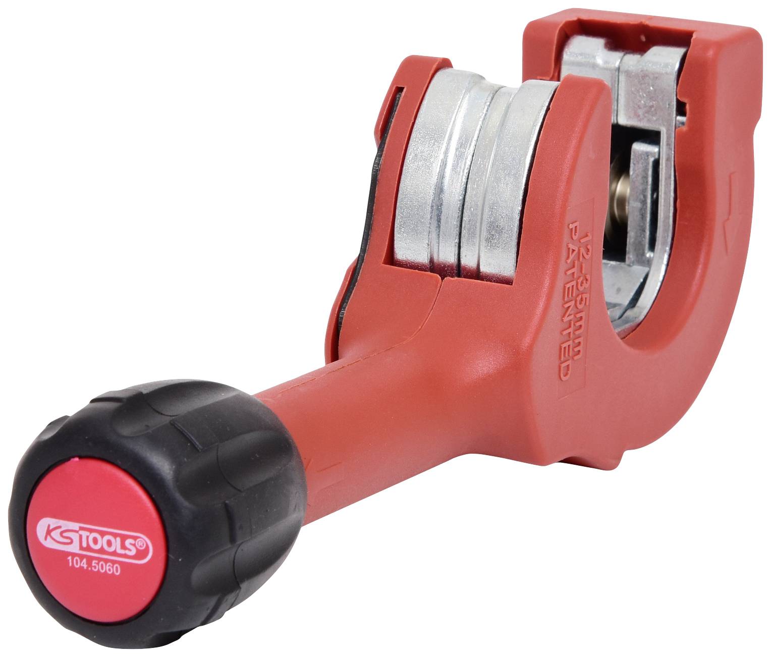 Buissnijder van rood kunststof met zwart handvat, geschikt voor het precies doorsnijden van buizen.