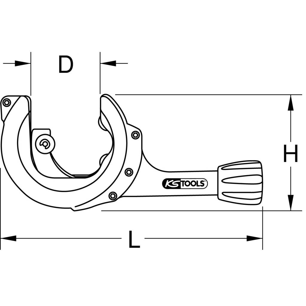 Tekening van een buizensnijder met de afmetingen D, H en L gemarkeerd. Het gereedschap heeft een snijwiel en een handgreep, met het opschrift 'KS Tools'.