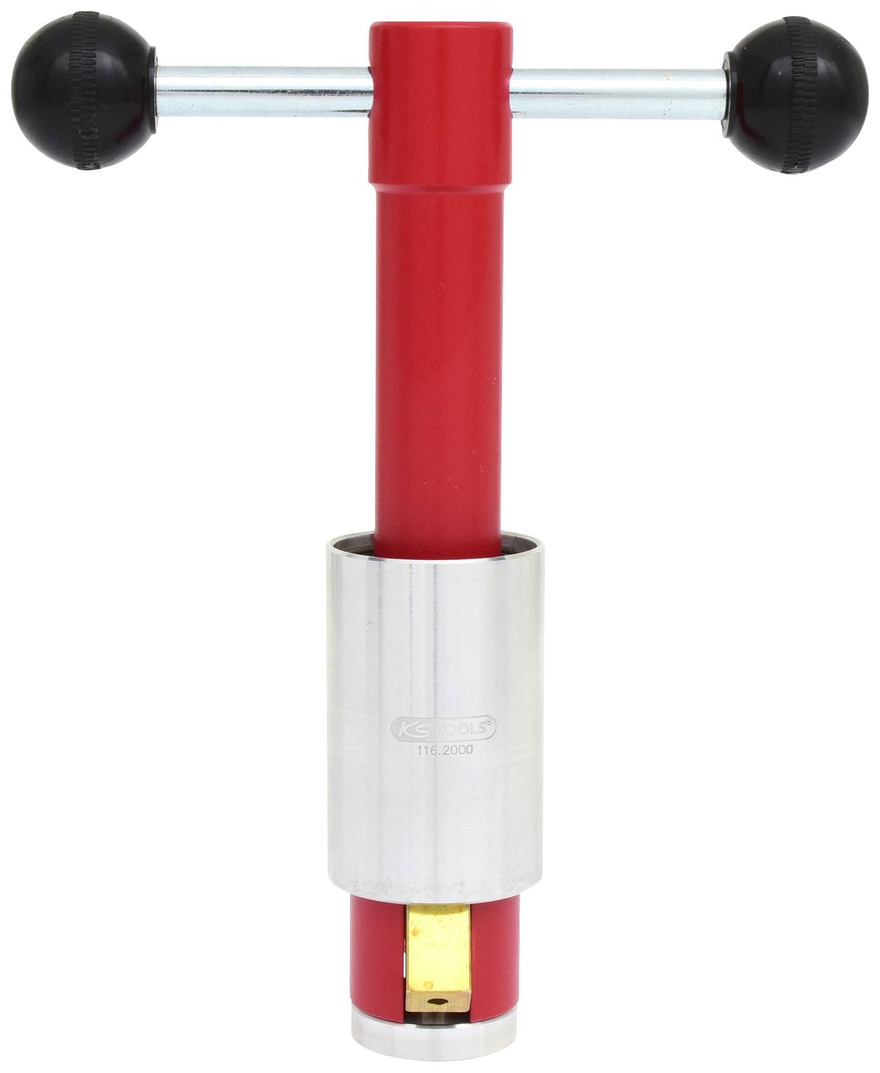 Rood gereedschap voor het verwijderen van een fiets-trapas met zilverkleurig middendeel. Ideaal voor onderhoudswerkzaamheden aan fietsen.