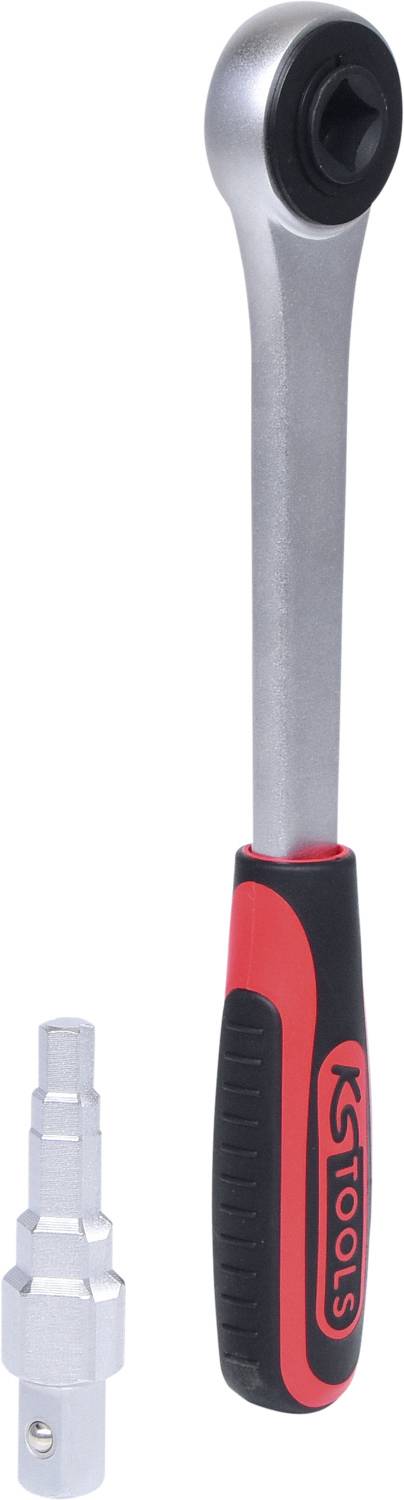 Een zilveren momentsleutel met rode handgreep en een zilveren adapternippel. Ideaal voor nauwkeurige bevestigingen.