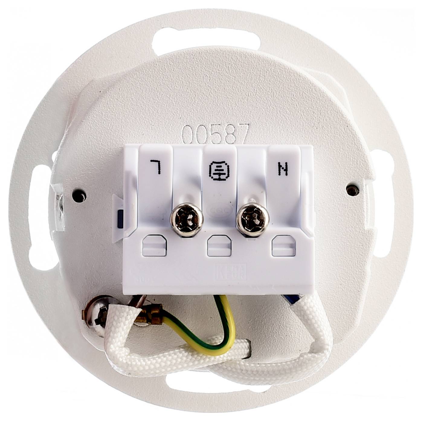 Achterkant van een ronde elektrische wandschakelaar of dimmer, met aansluitklemmen gemarkeerd met L, aarde en N, en aangesloten draden.