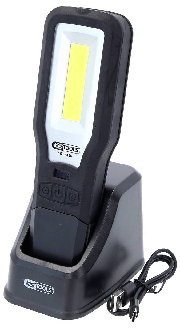 Oplaadbare werkplaatslamp op laadstation met voedingskabel. Ideaal voor mobiele verlichting in werkplaatsen.