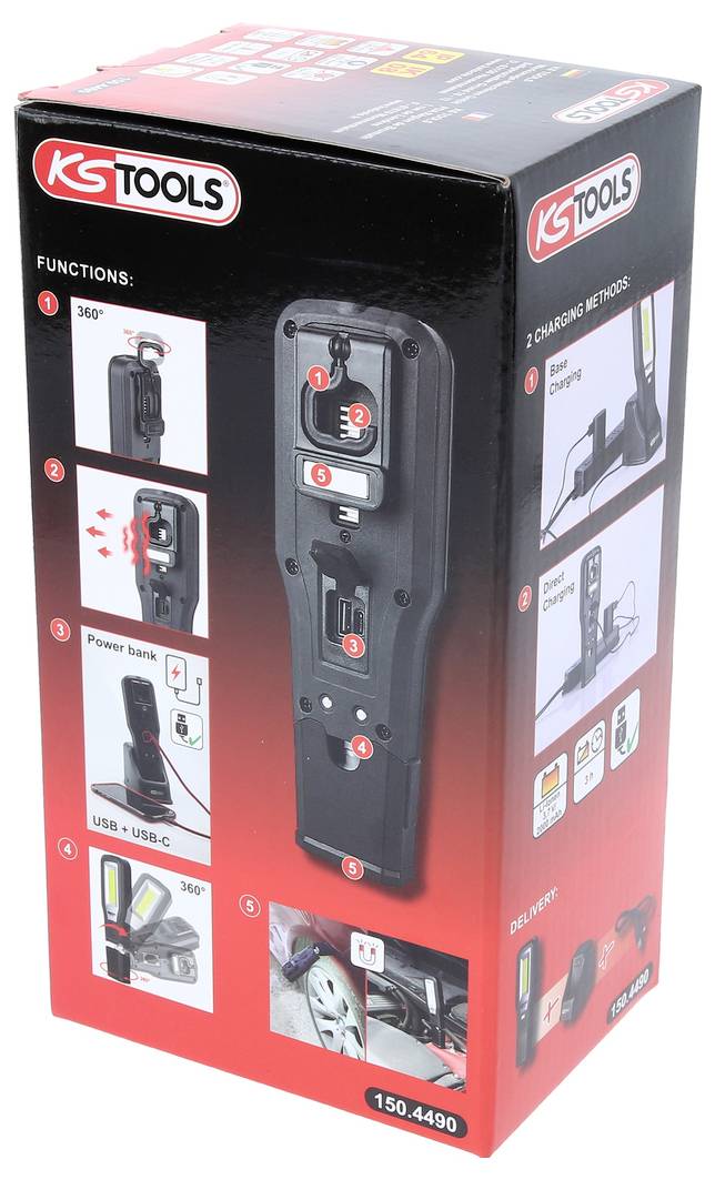 Verpakking van een multifunctionele lamp van KS Tools met functies zoals 360° draaiing, powerbank, USB-A/USB-C-aansluitingen en laadopties.