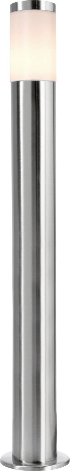 Zilveren, cilindrische buitenlamp met een diffuse, wit schijnende lampenkap bovenaan, geschikt voor padverlichting.