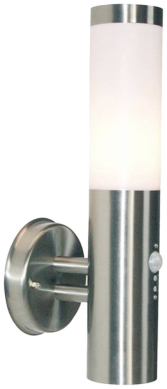 Moderne RVS wandlamp met cilindrische opaalglasbehuizing, die wit licht uitstraalt. Ideaal voor buitenruimtes.