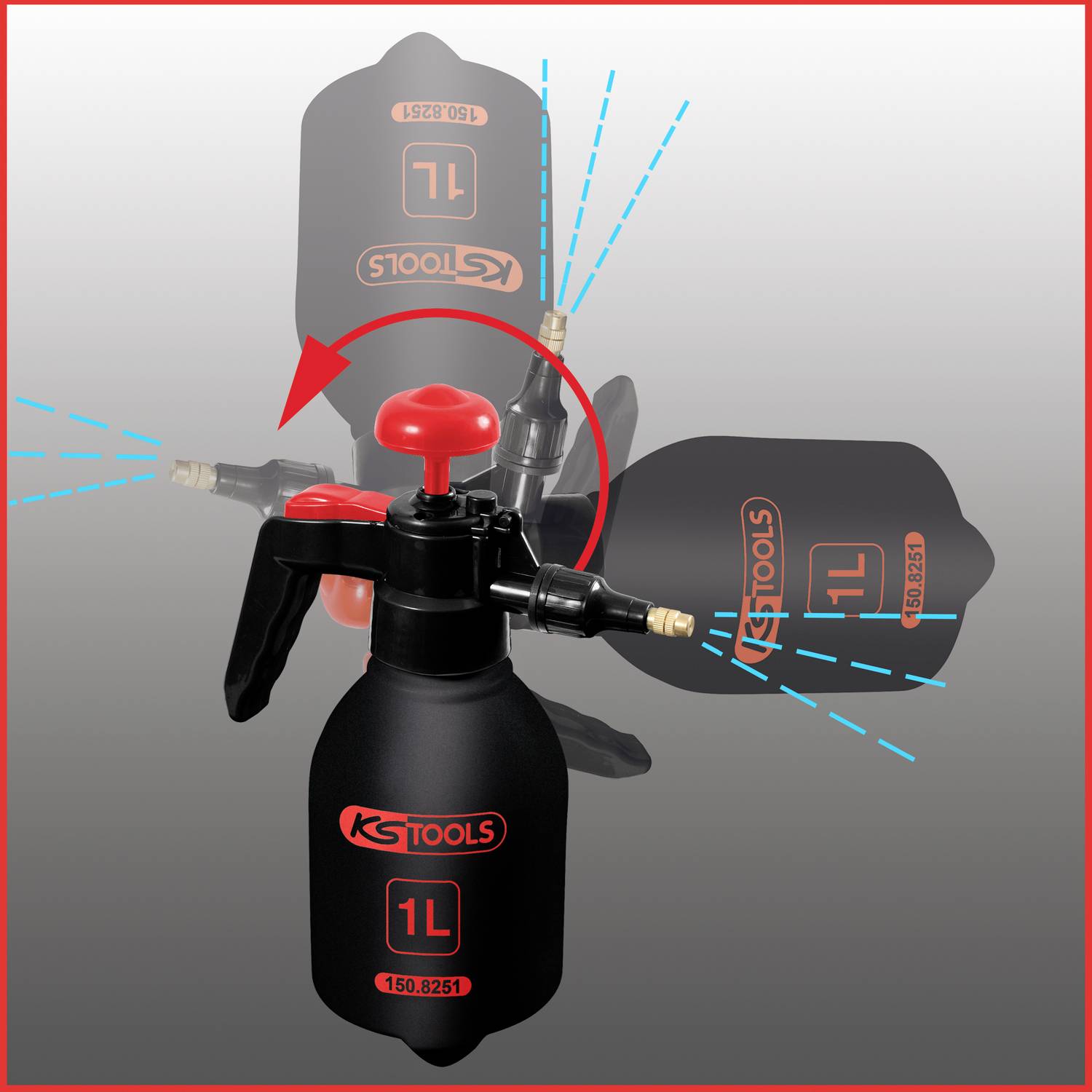 Een 1-liter spuitfles met rode handgreep en meerdere sproeiopeningen. De rode pijl geeft de rotatirichting van de sproeiers aan.