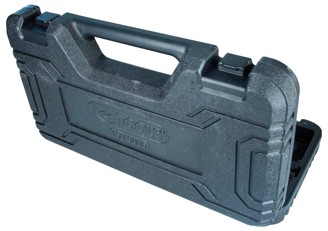 Zwarte kunststof gereedschapskoffer met handgreep en geborduurd logo, geschikt voor het opbergen en vervoeren van gereedschappen.