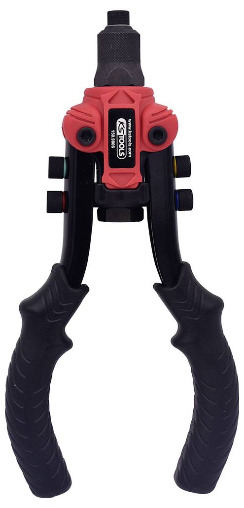 Handtangetje voor popnagels met een rood-zwarte handgreep, geschikt voor bevestigingswerkzaamheden.