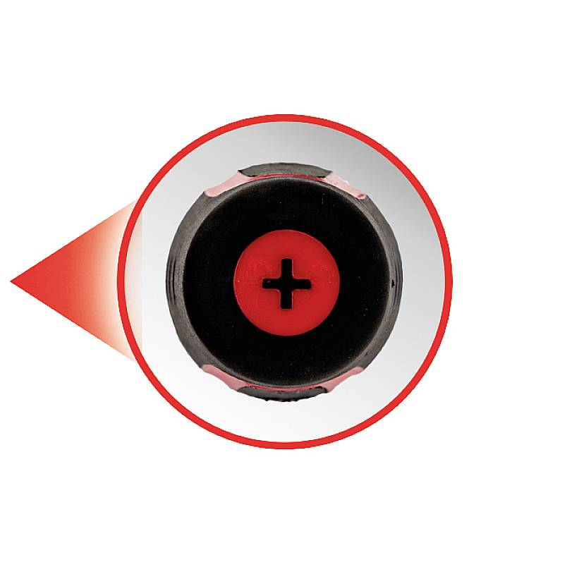 Een rode plusknop in het midden van een zwarte cirkel met rode rand, op een witte achtergrond.