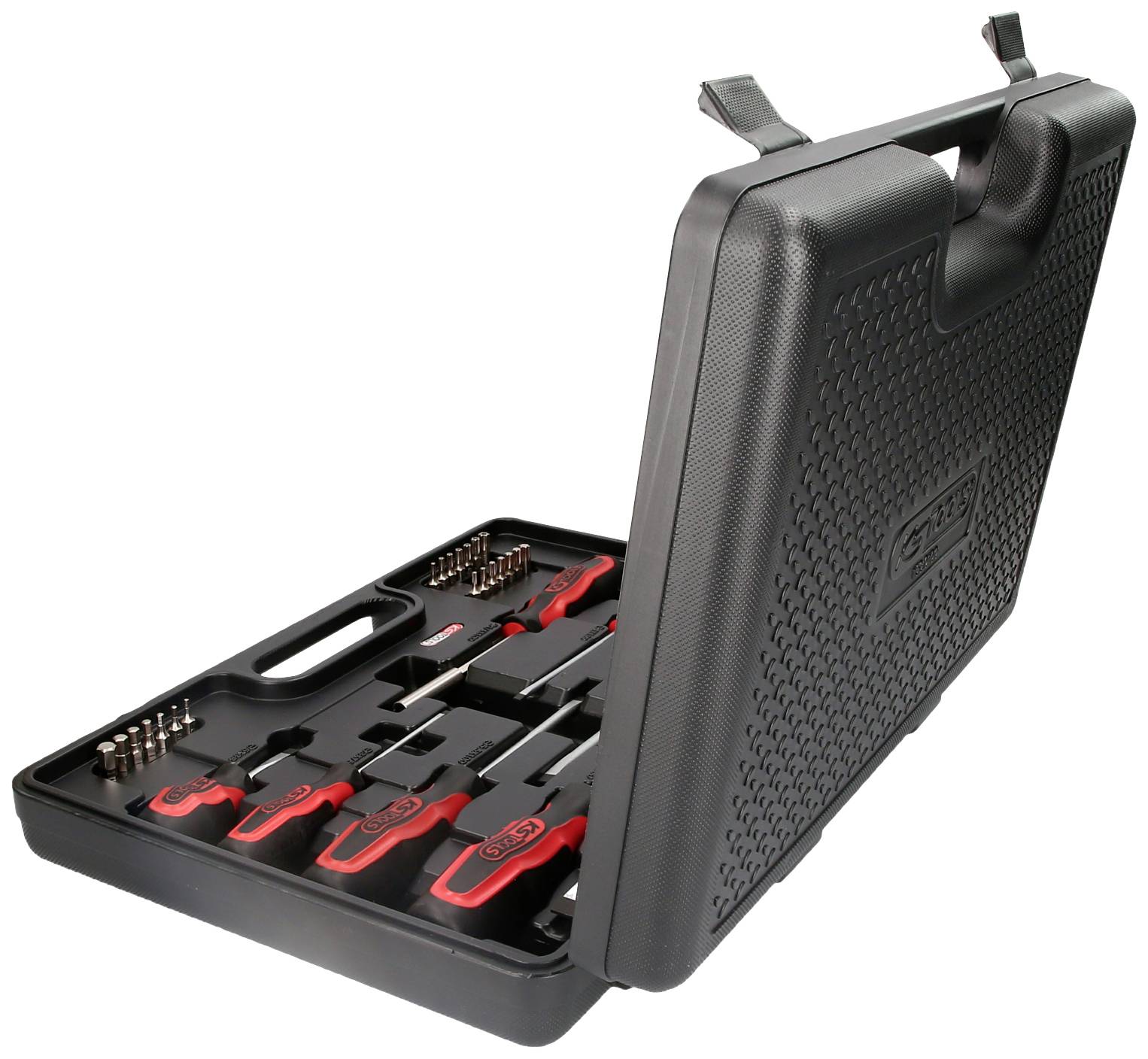 Een zwarte gereedschapskoffer met rode schroevendraaier-set en bits in geordende vakken, ideaal voor doe-het-zelvers.
