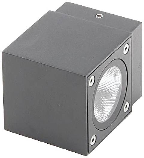 Kubische zwarte LED-wandlamp met een rond ingewerkt stralingsoppervlak, geschikt voor moderne binnen- en buitenomgevingen.