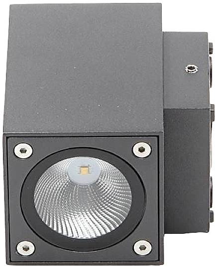 Een zwarte, vierkante LED-schijnwerper met metalen behuizing. Zichtbare lensopening aan de voorkant, geschikt voor binnen- of buitenverlichting.