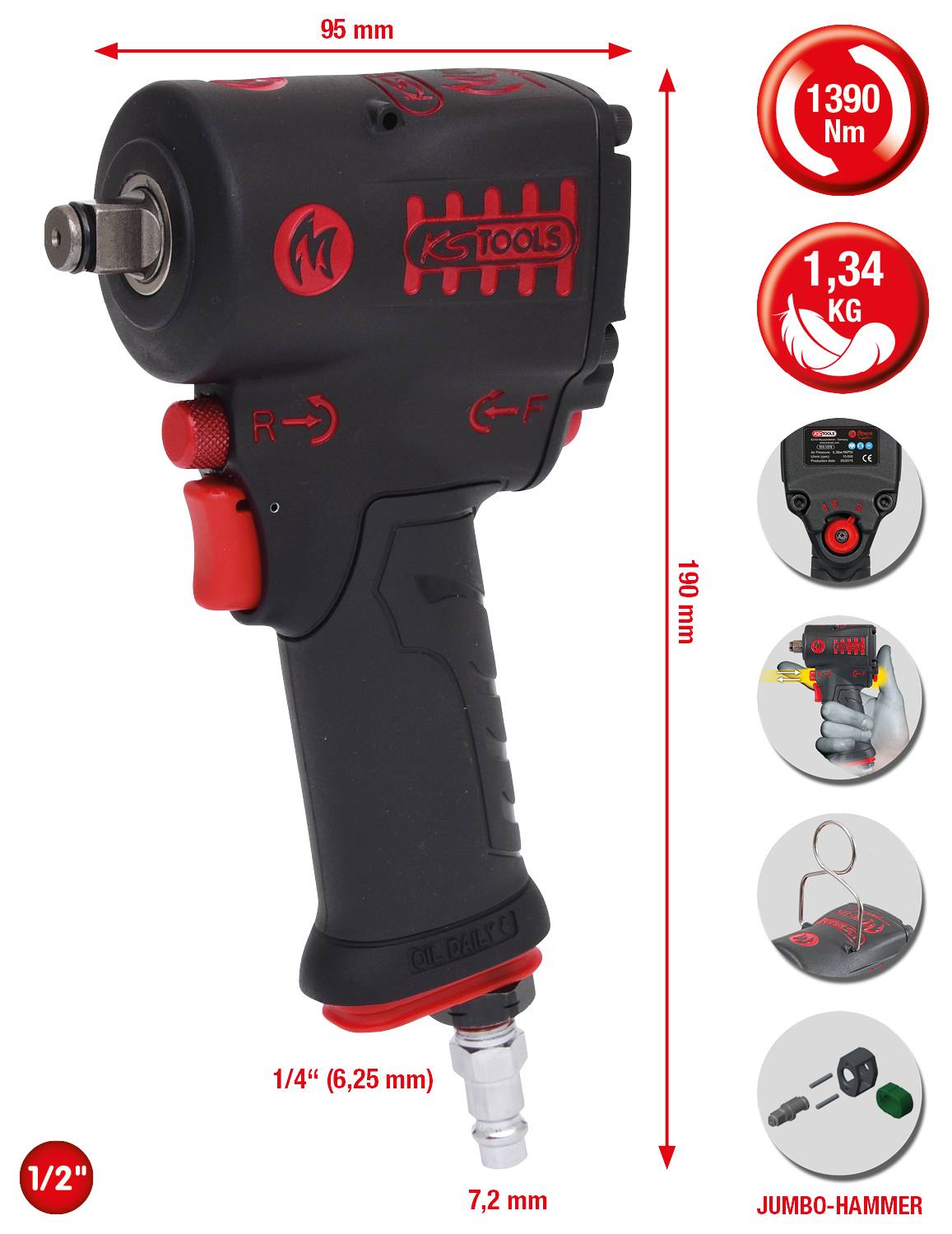 Pneumatische slagschroevendraaier met 1390 Nm koppel, gewicht 1,34 kg. Toont afmetingen en bedieningselementen, geschikt voor gebruik in de werkplaats.