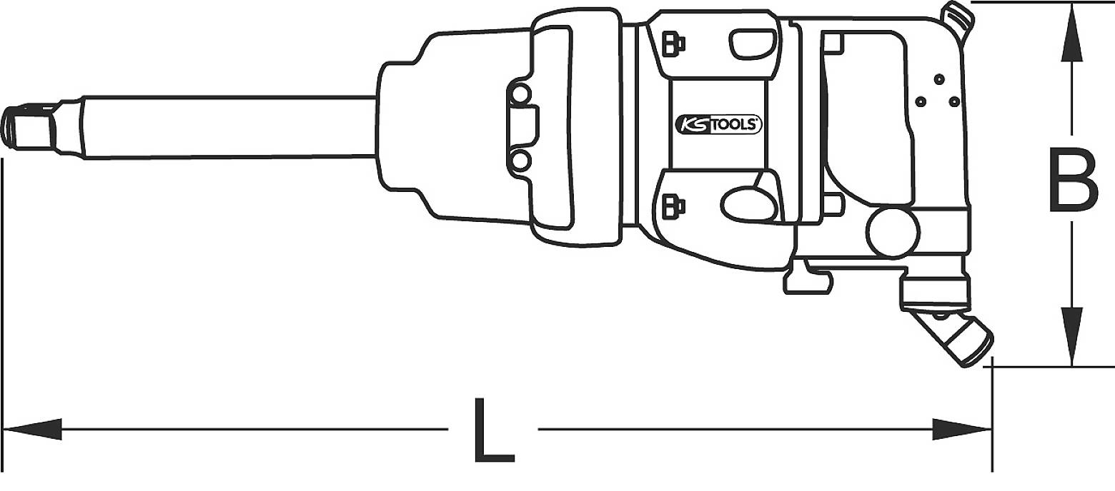 Technische tekening van een slagmoersleutel op perslucht met aanduiding van de lengte (L) en hoogte (B); zijaanzicht.
