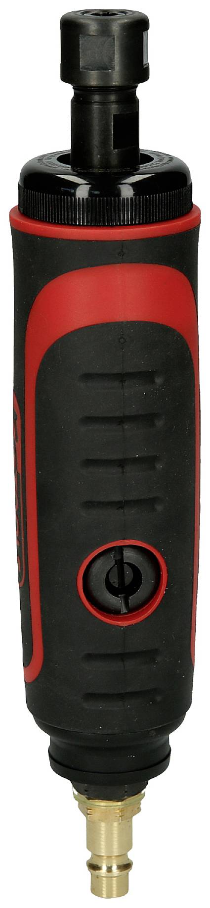 Een zwarte en rode persluchtschroevendraaier met ergonomische handgreep en drukknop, geschikt voor werkplaatstoepassingen.