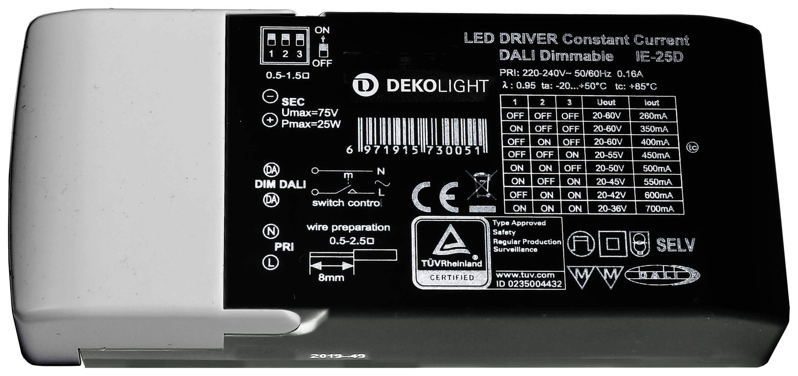 'LED DRIVER Constante stroom, DALI dimbaar, IE-25D' is te zien op de zwarte behuizing. Technische details en barcodes zijn afgebeeld.