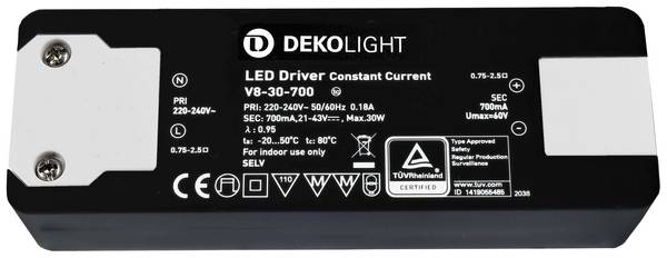 Deko Light BASIC, CC, V8-30-700mA/30W LED-driver  Constante stroomsterkte 30 W 700 mA 21 - 43 V Overbelastingsbescherming 1 stuk(s)