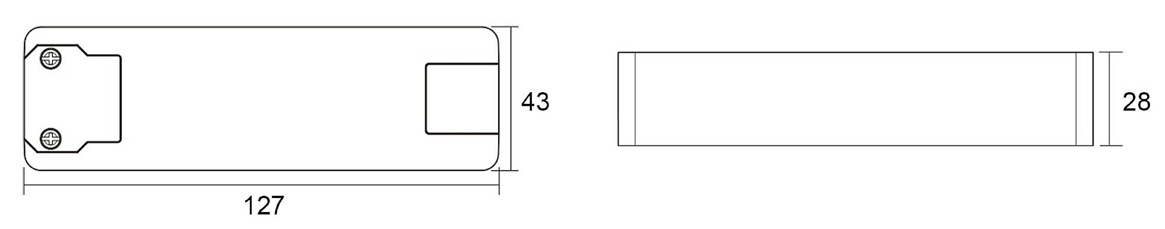 Technische tekening van een rechthoekig onderdeel met twee aanzichten: bovenaanzicht (127 x 43 mm) en zijaanzicht (28 mm hoogte).