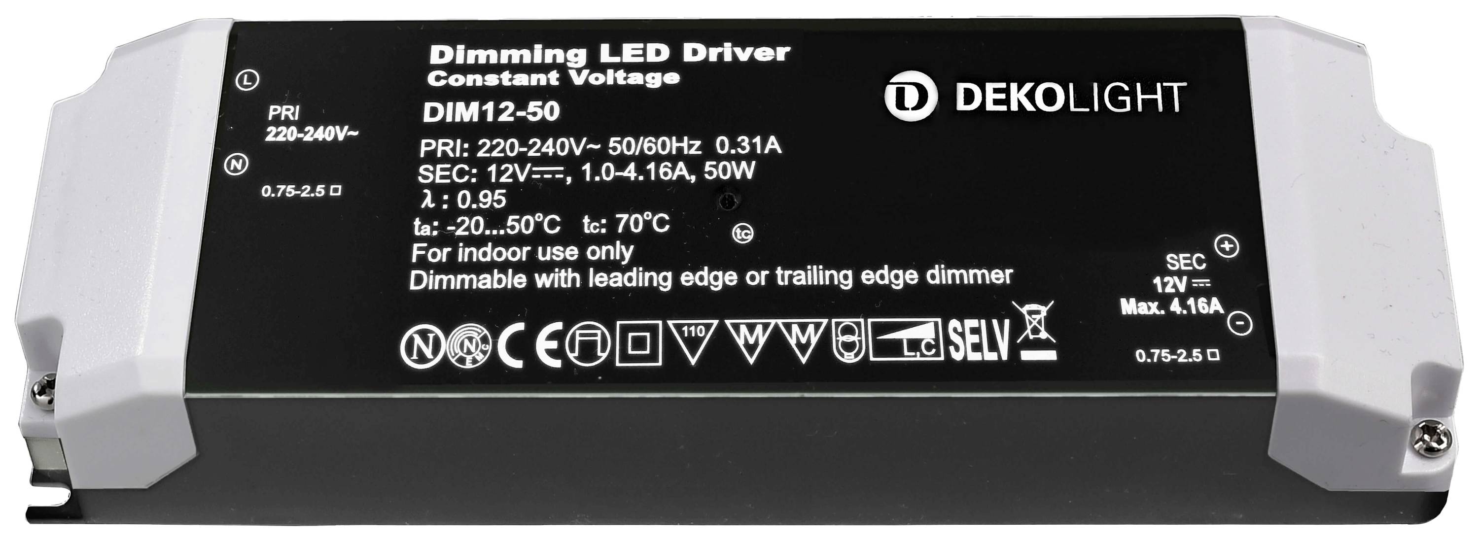 Zwart dimbaar LED-stuurapparaat met witte eindkappen, gemarkeerd als 'Dimming LED Driver', model 'DIM12-50', voor 12V LED-verlichting.