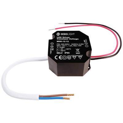Een zwarte LED-driver voor constante spanning, model: MINI-12-12 van Dekolight. Aansluitdraden in rood, zwart en blauw. Geschikt voor 12V LED-systemen.