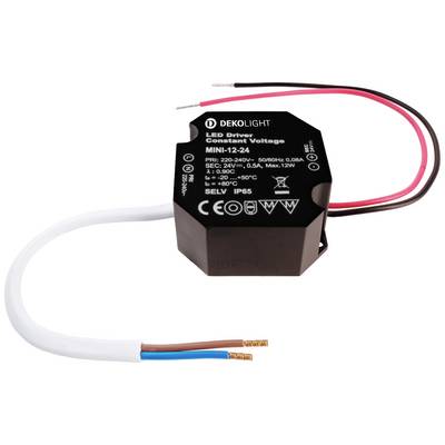 Een LED-driver voor constante spanning, model MINI-12-24, geschikt voor 24V, met IP65-bescherming, voor binnen- en buitengebruik.