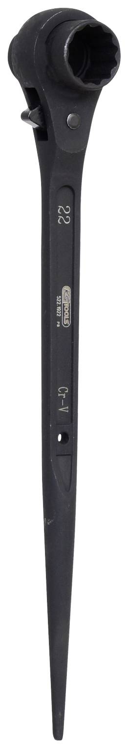 Een zwarte ratelsteeksleutel (22 mm) met lange steel, geschikt voor mechanische werkzaamheden of reparaties.