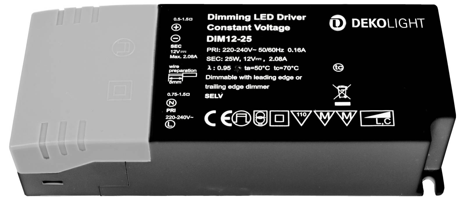 Zwarte DEKOLIGHT LED-driver met constante spanning en dimfunctie, aangeduid als 'DIM12-25', met technische specificaties en certificeringssymbolen op de behuizing.