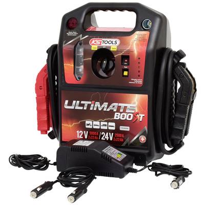 Draagbare startbooster 'Ultimate Boost' met 12V en 24V, toont stroomwaarden van 500A/250A. Inclusief accuklemmen en kabels.