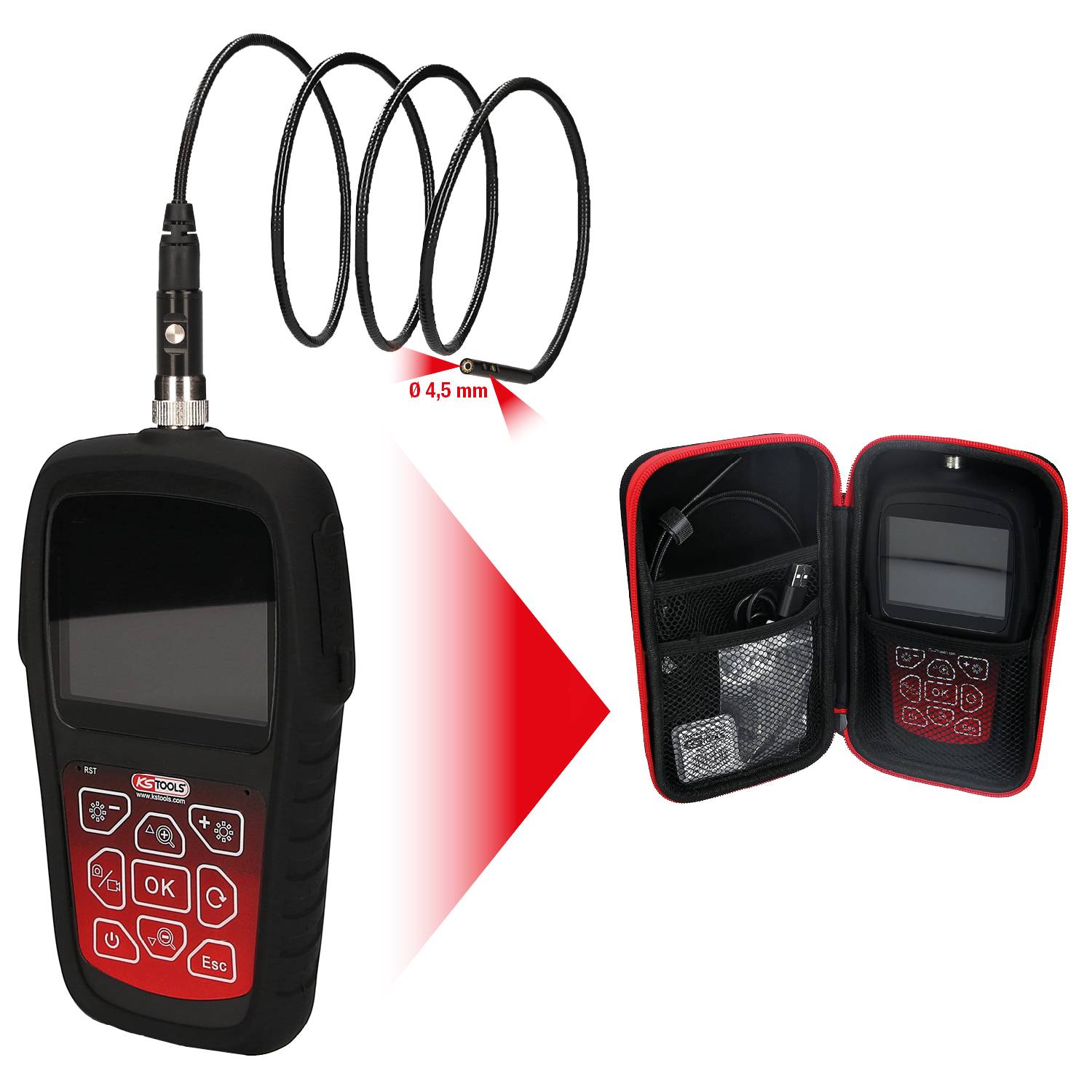 Een handzaam inspectieapparaat met een flexibel kabel en een diameter van 0,45 mm, opgeborgen in een etui voor veilige opslag.