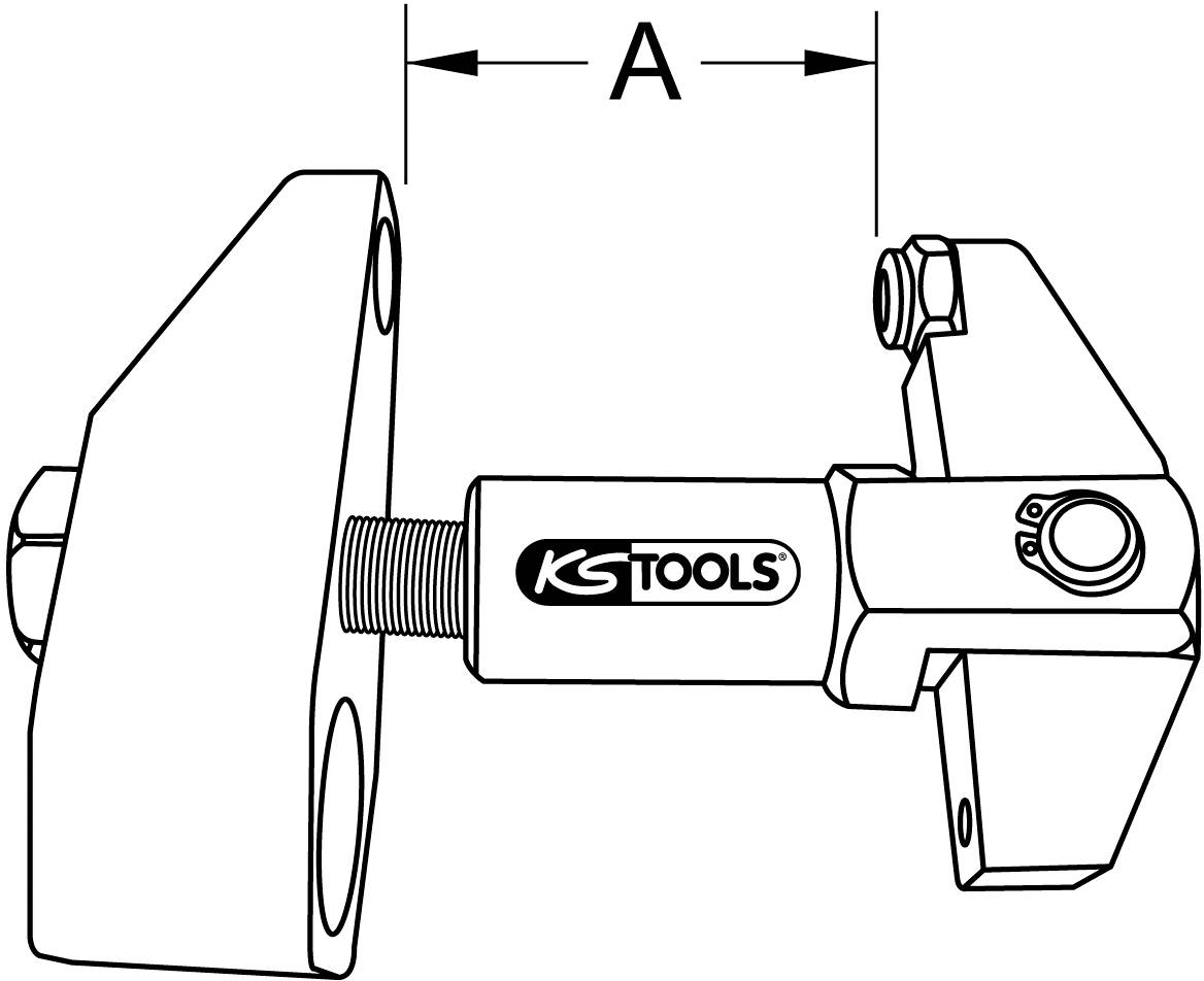 Een KS Tools trekker, weergegeven met componenten en maatvoering. Ontwerp voor het verwijderen of losmaken van vaste onderdelen.