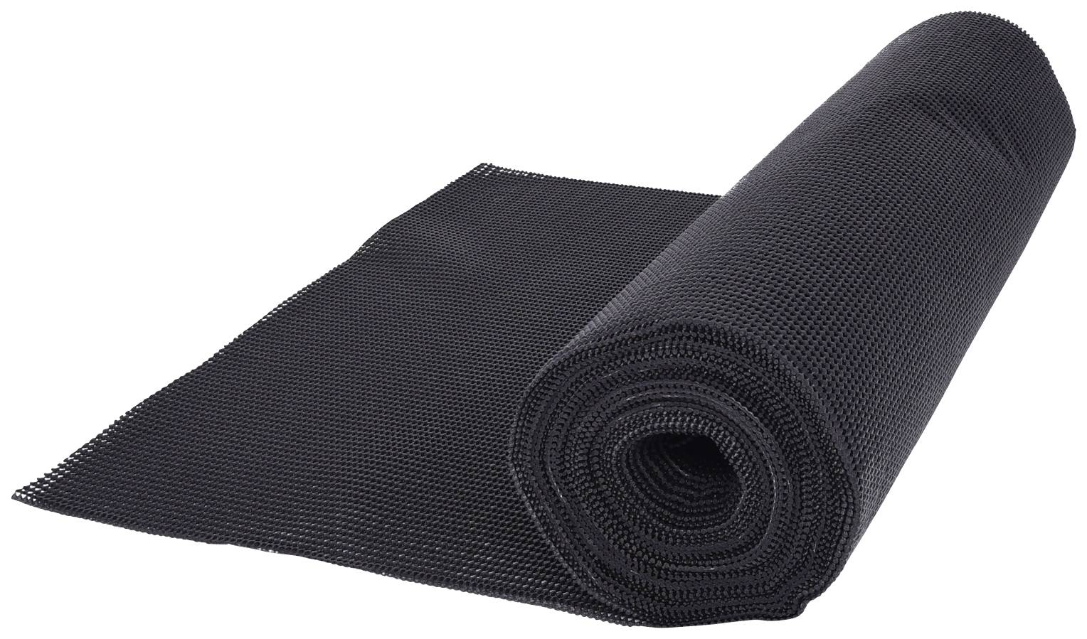 Zwarte antislipmat, gedeeltelijk opgerold. Hij zorgt voor stabiliteit en veiligheid op gladde oppervlakken.