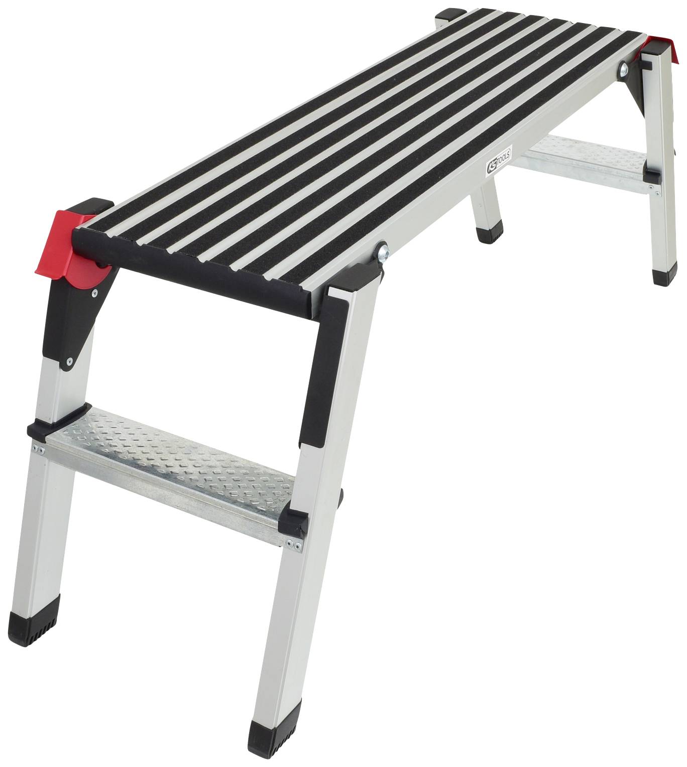 Een opvouwbaar aluminium werkplatform met zwarte antislipstroken op het oppervlak, geschikt voor gebruik op bouwlocaties.