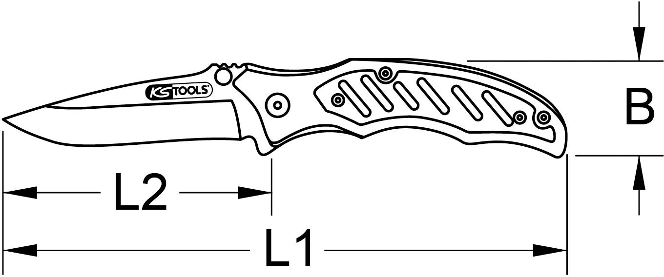 Tekening van een zakmes met afmetingen. L1 en L2 markeren de lemmet- en totale lengte, B toont de lemmetbreedte.