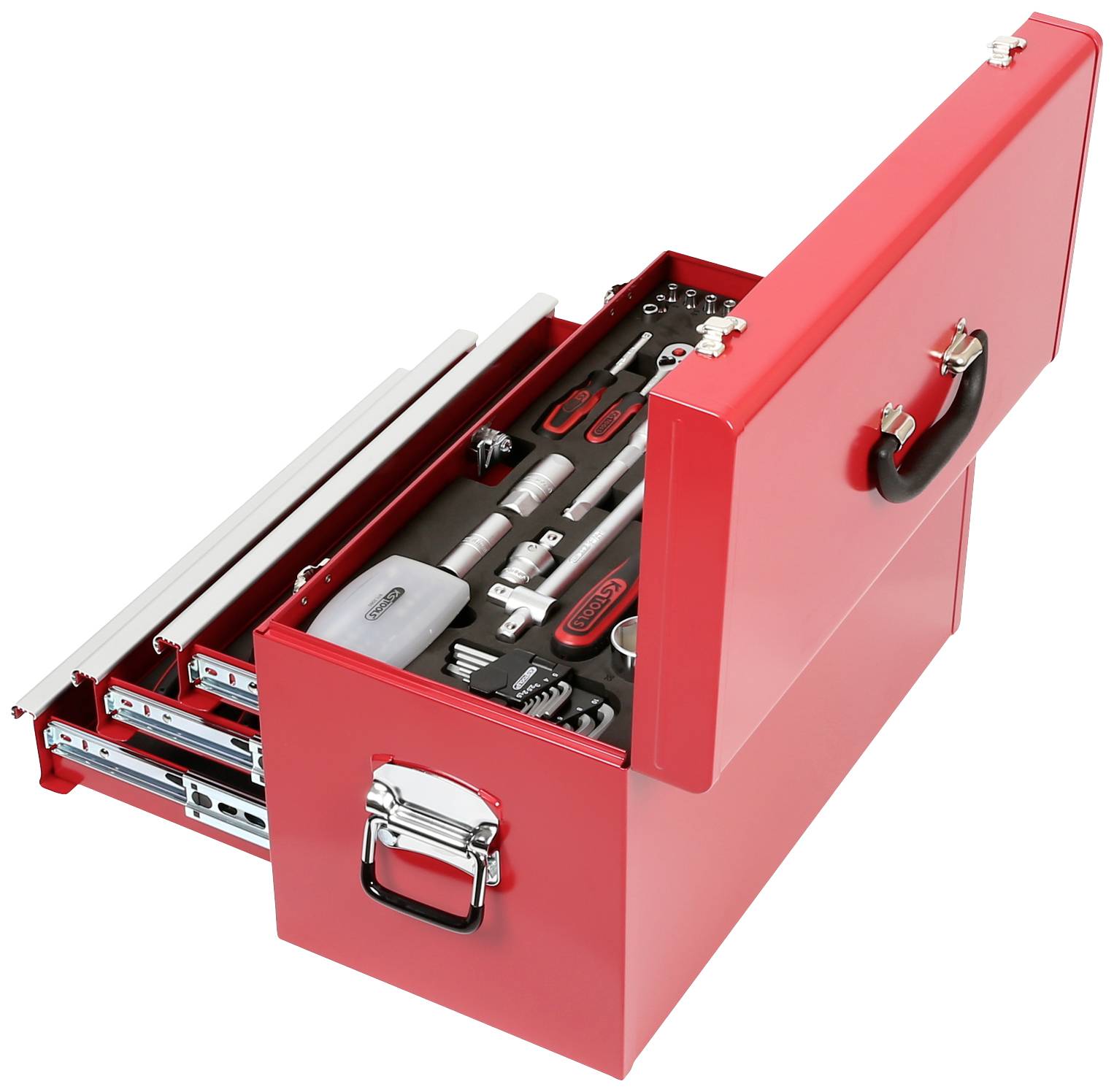 Rode gereedschapskist geopend met verschillende gereedschappen, waaronder moersleutels, schroevendraaiers en dopsleutels.