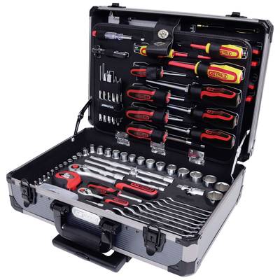 'Opened toolbox with various hand tools, including screwdrivers, wrenches, and pliers, neatly arranged.'