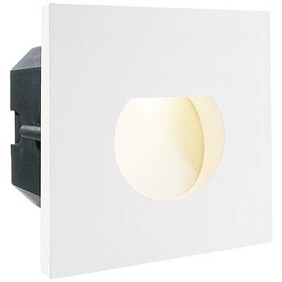 Witte vierkante wandlamp met een rond lichtuitsparing. Hij verspreidt indirect licht en is geschikt voor moderne binnenruimtes.