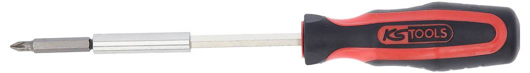 Een schroevendraaier met rode en zwarte handgreep, merk 'KS Tools'.