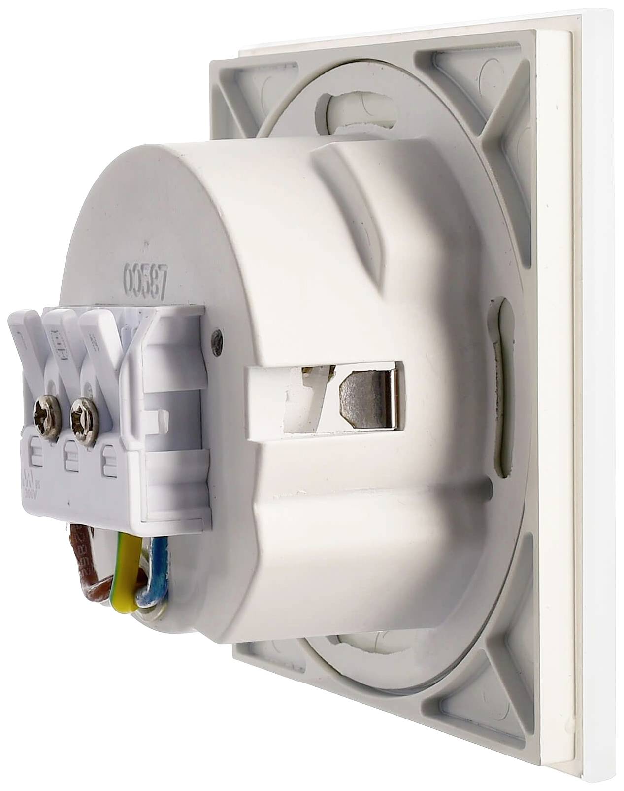 Witte, ronde wandcontactdoos met kabels in verschillende kleuren, zijdelings gemonteerd. Geschikt voor gebruik binnenshuis.