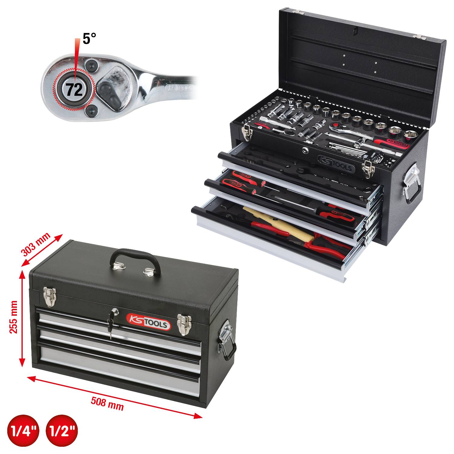 'KS Tools' gereedschapskoffer met steeksleutels en ratel, 72 tanden, 1/4" en 1/2", afmetingen: 508 mm x 303 mm x 255 mm.