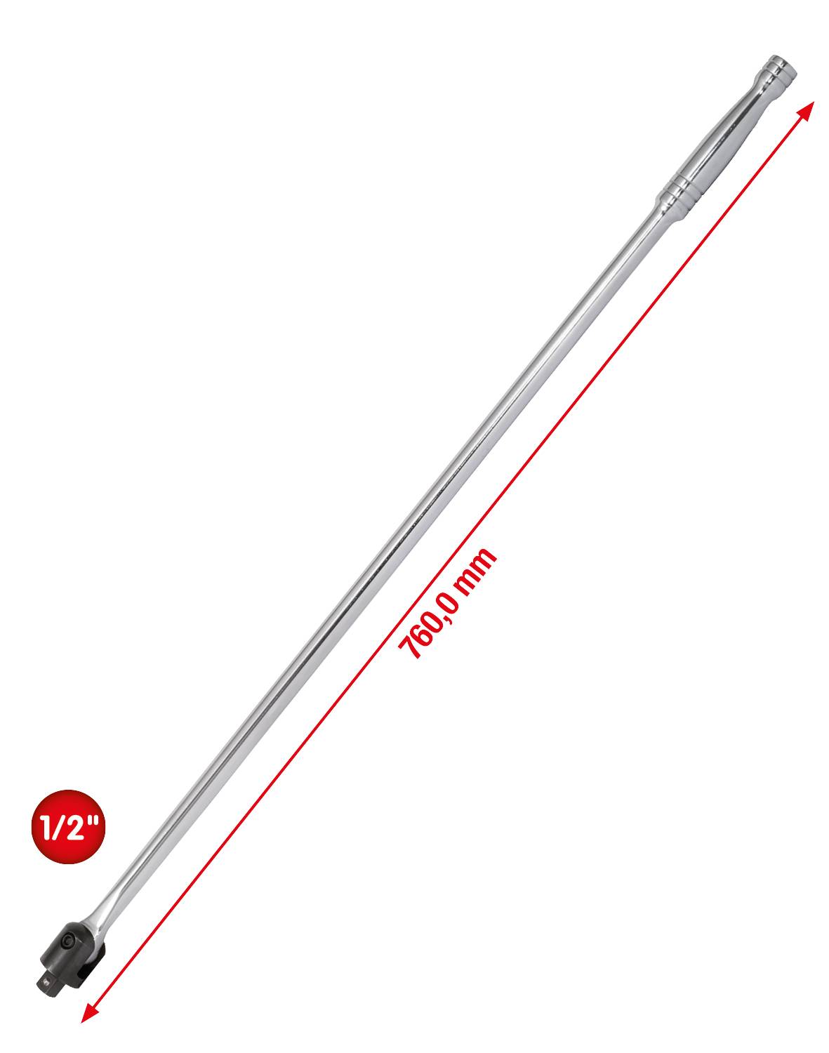 'Gereedschap met een lengte van 760 mm en een dopsleutelaansluiting van 1/2 inch.'