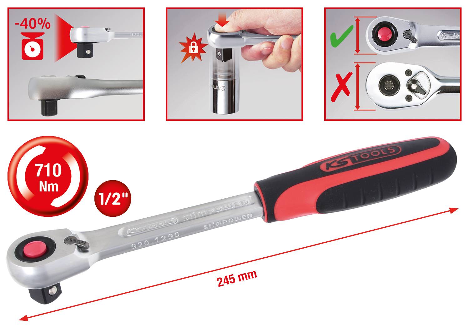 KS Tools 1/2" Ratelsleutel. Lange handgreep, 245 mm, ergonomisch. Afbeelding toont klikmechanisme. Maximaal koppel: 710 Nm.