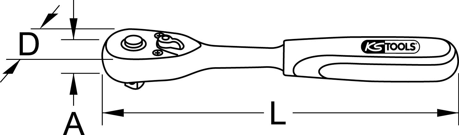 Tekening van een gereedschap (ratel) met labels D, A en L die de afmetingen en dimensies van de ratel aangeven.