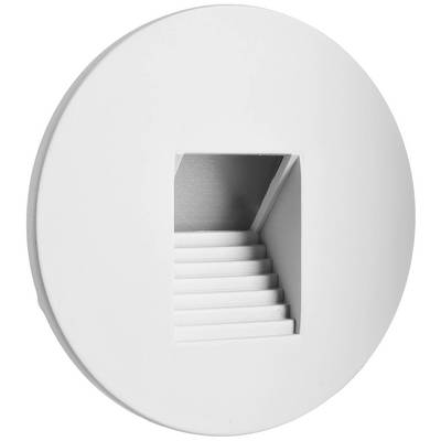 Rond, wit LED-wandinbouwarmatuur met een klein rechthoekig venster dat treden toont, ideaal voor trapverlichting.