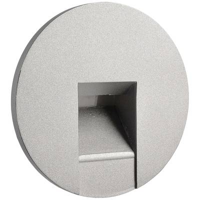 Ronde zilveren LED-wandlamp met smalle, rechthoekige lichtuittreding. Elegant design voor indirecte verlichting.